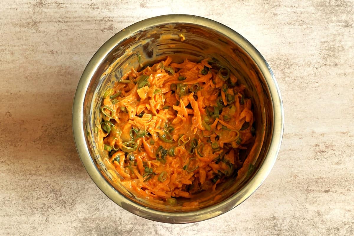 Kimchi hot dog topping in bowl.