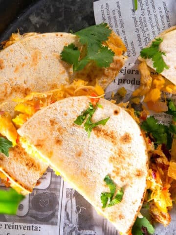 Kimchi quesadillas on serving tray.