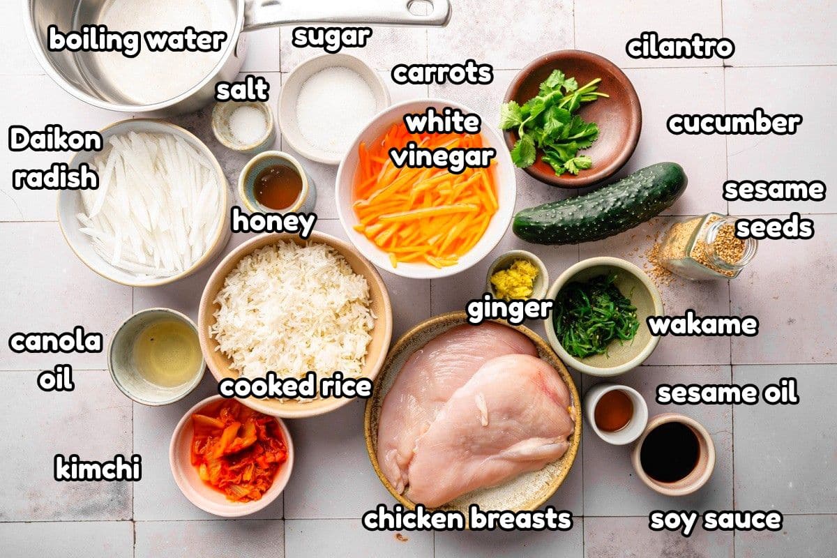 Kimchi rice bowl ingredients prepped and labeled.