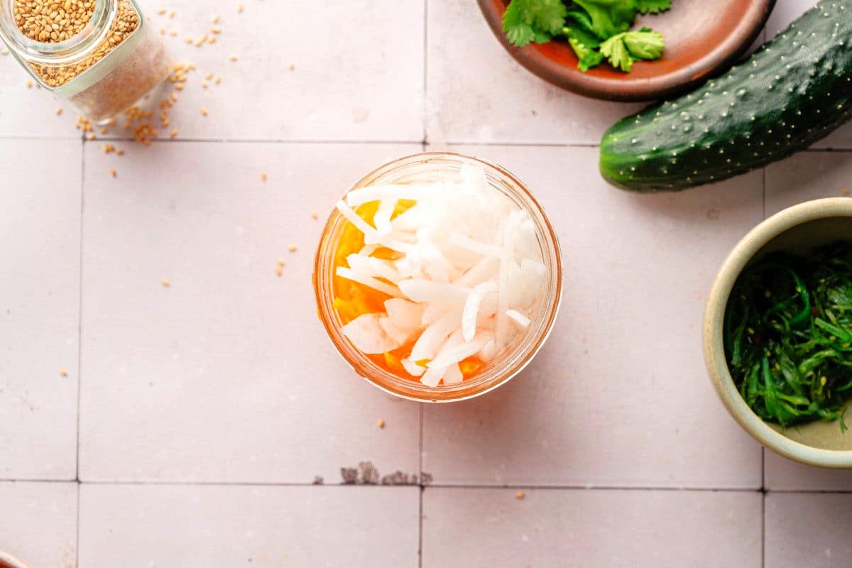 Vegetables pickling in jar.