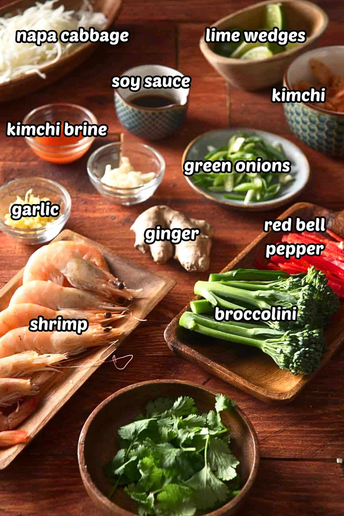 Kimchi shrimp stir fry ingredients prepped and labeled.