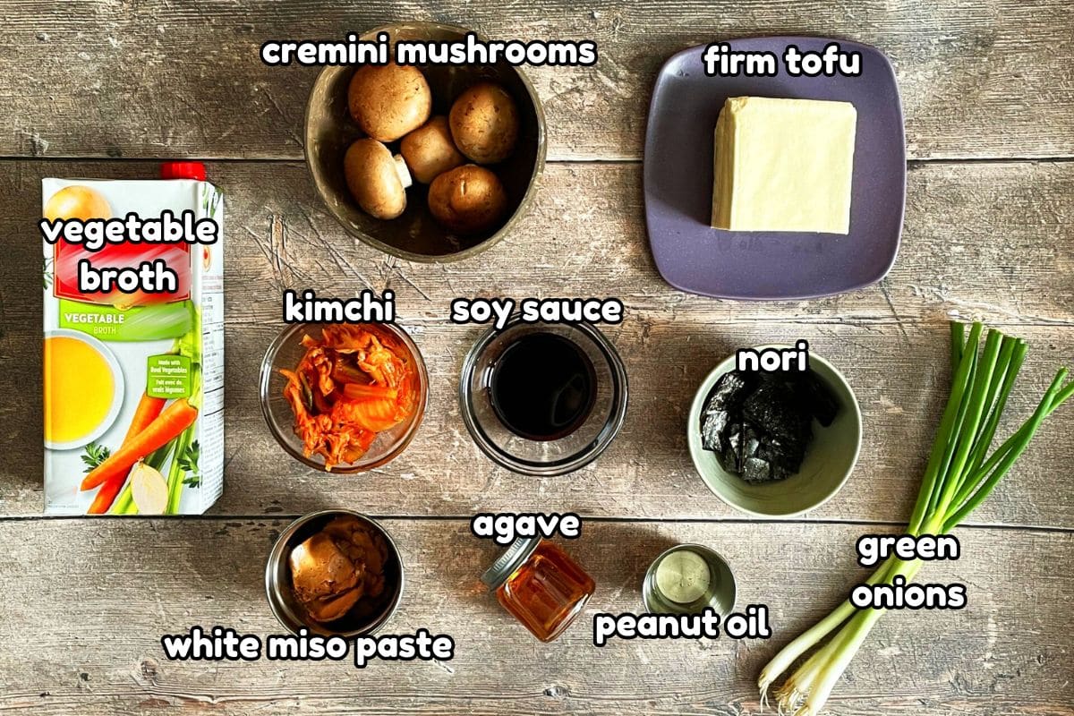 Kimchi tofu soup ingredients prepped and labeled.