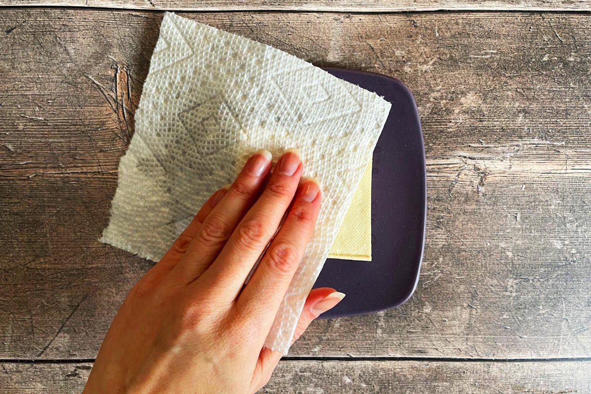 Tofu block patted dry with paper towel.