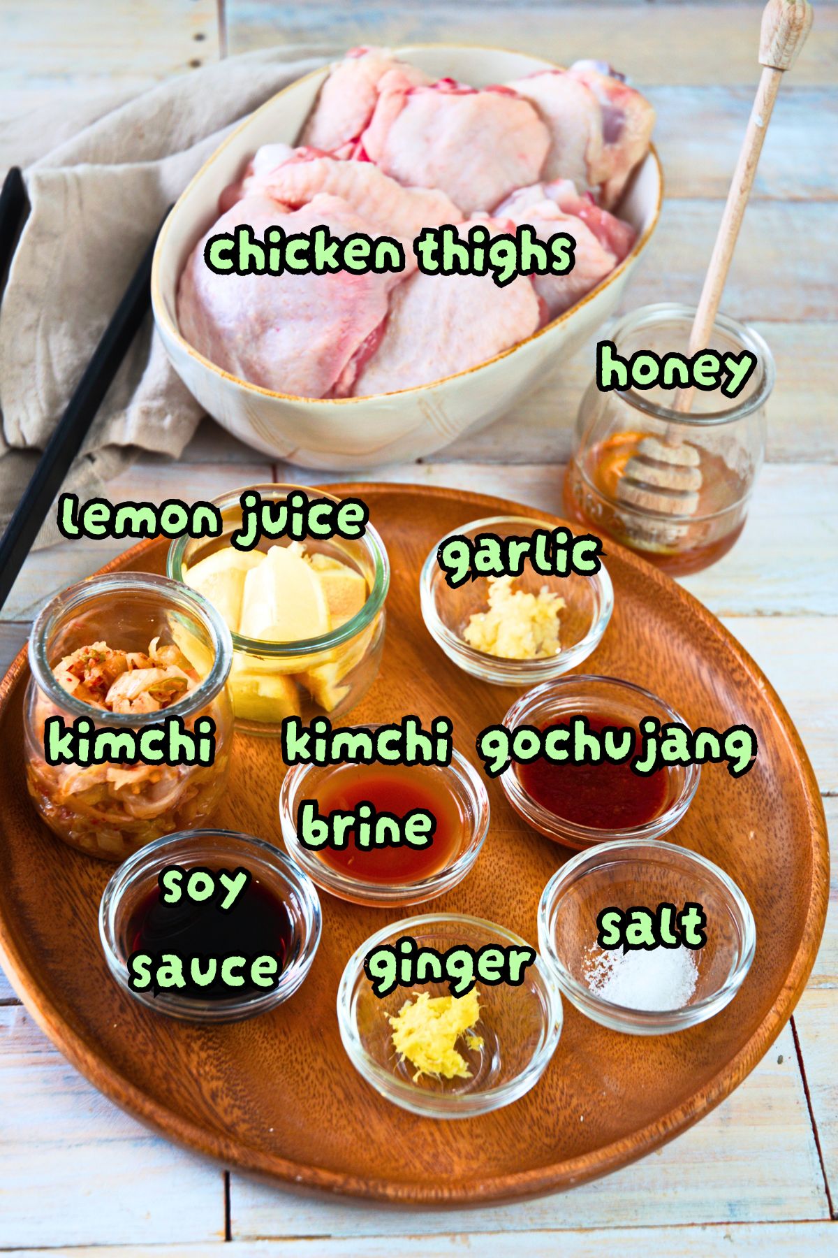 Kimchi chicken ingredients prepped and labeled.