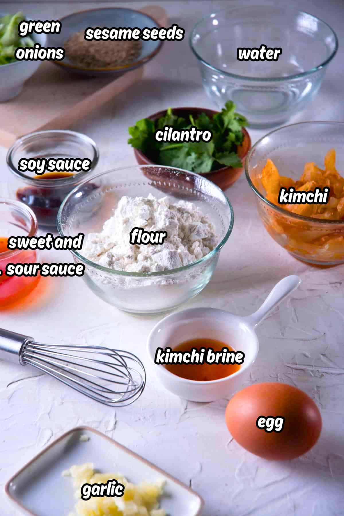 Kimchi pancake ingredients prepped and labeled.