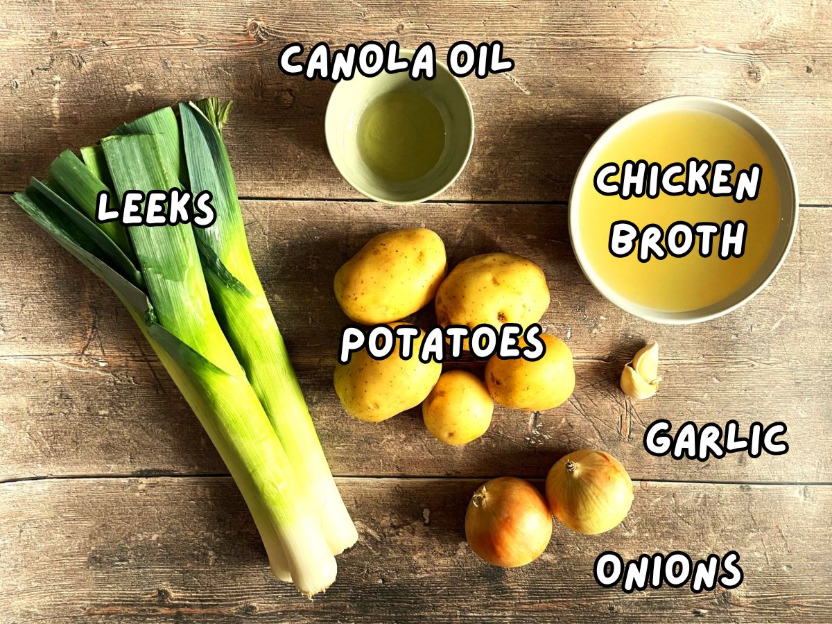 Leek potato soup ingredients labeled.
