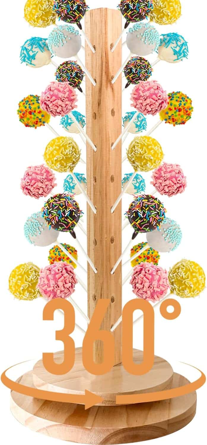 cake pop display holder Wooden lollipop stand isolated on white background.
