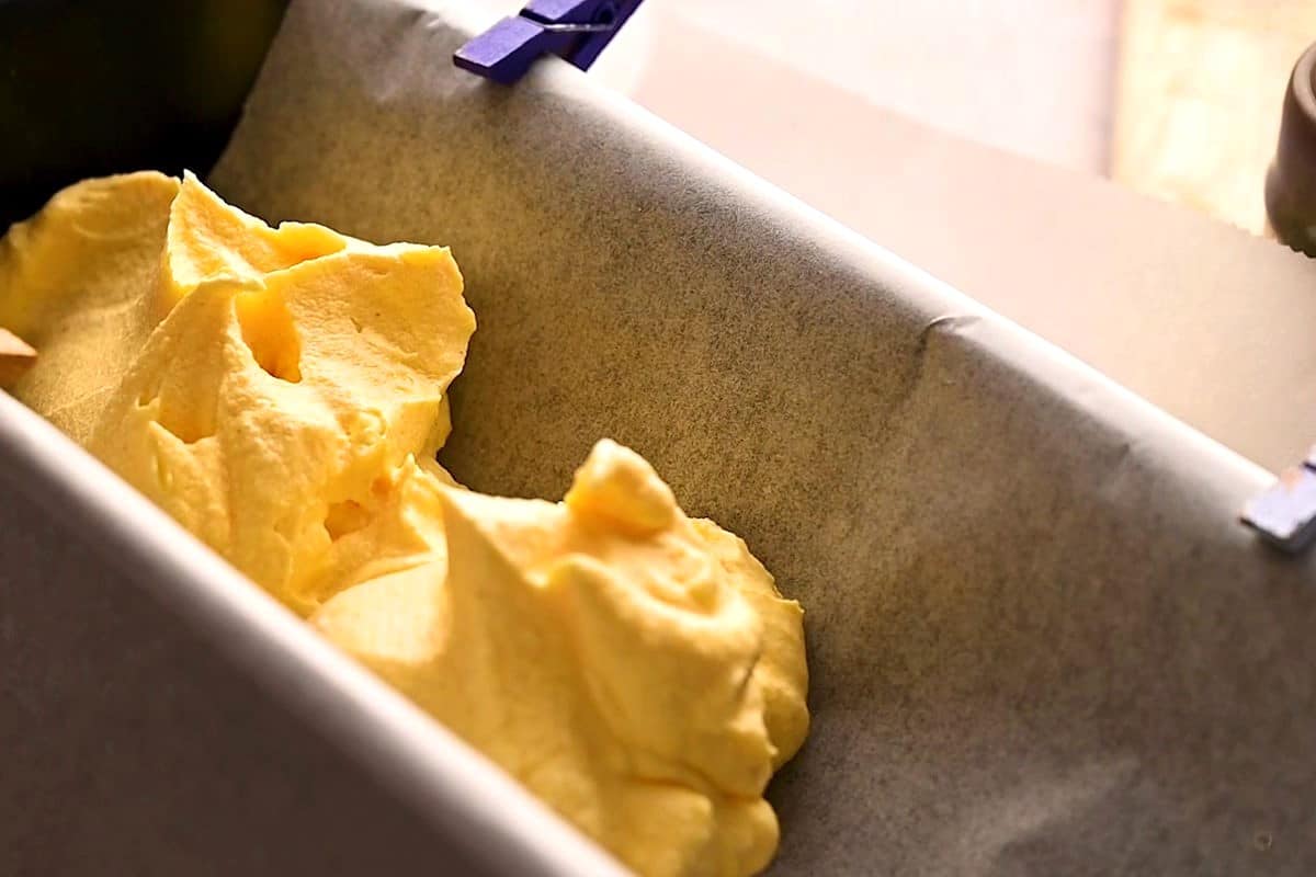 Mac and cheese ice cream in loaf pan.