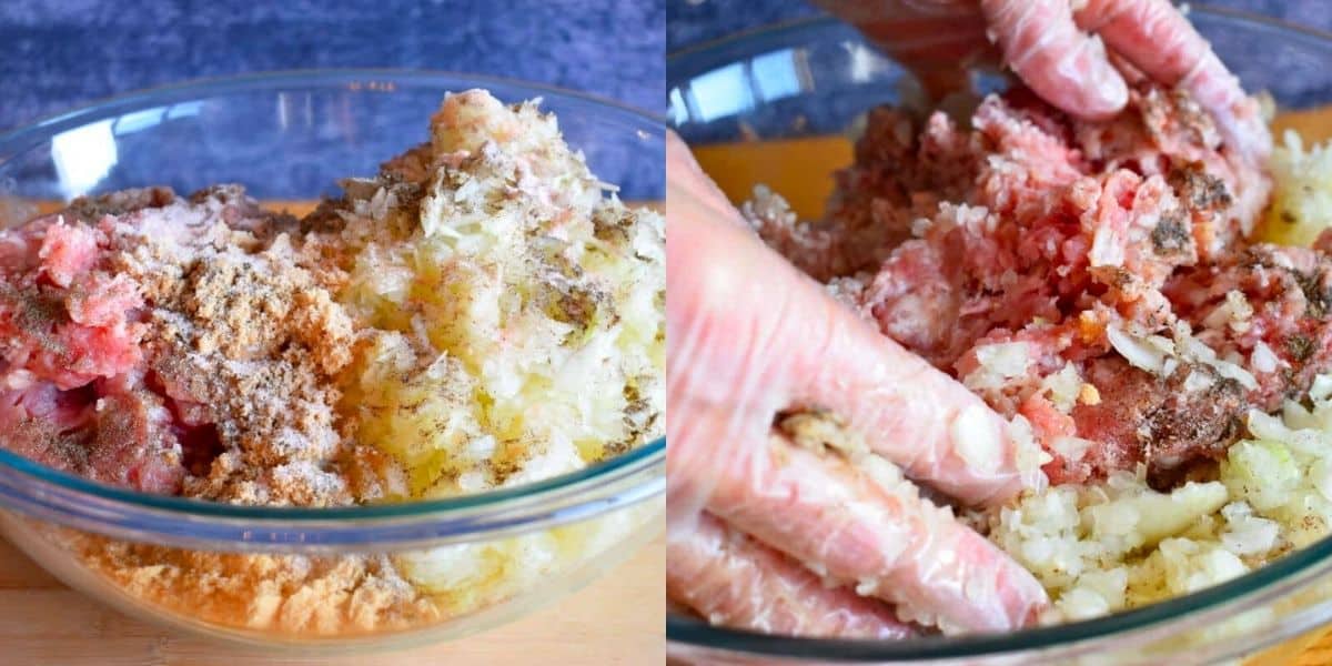 Cabbage roll meat mixture getting mixed together.