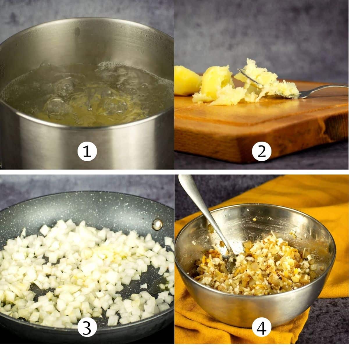 Collage of images of boiling potatoes, mashing potatoes, cooking onions, and combining the ingredients.