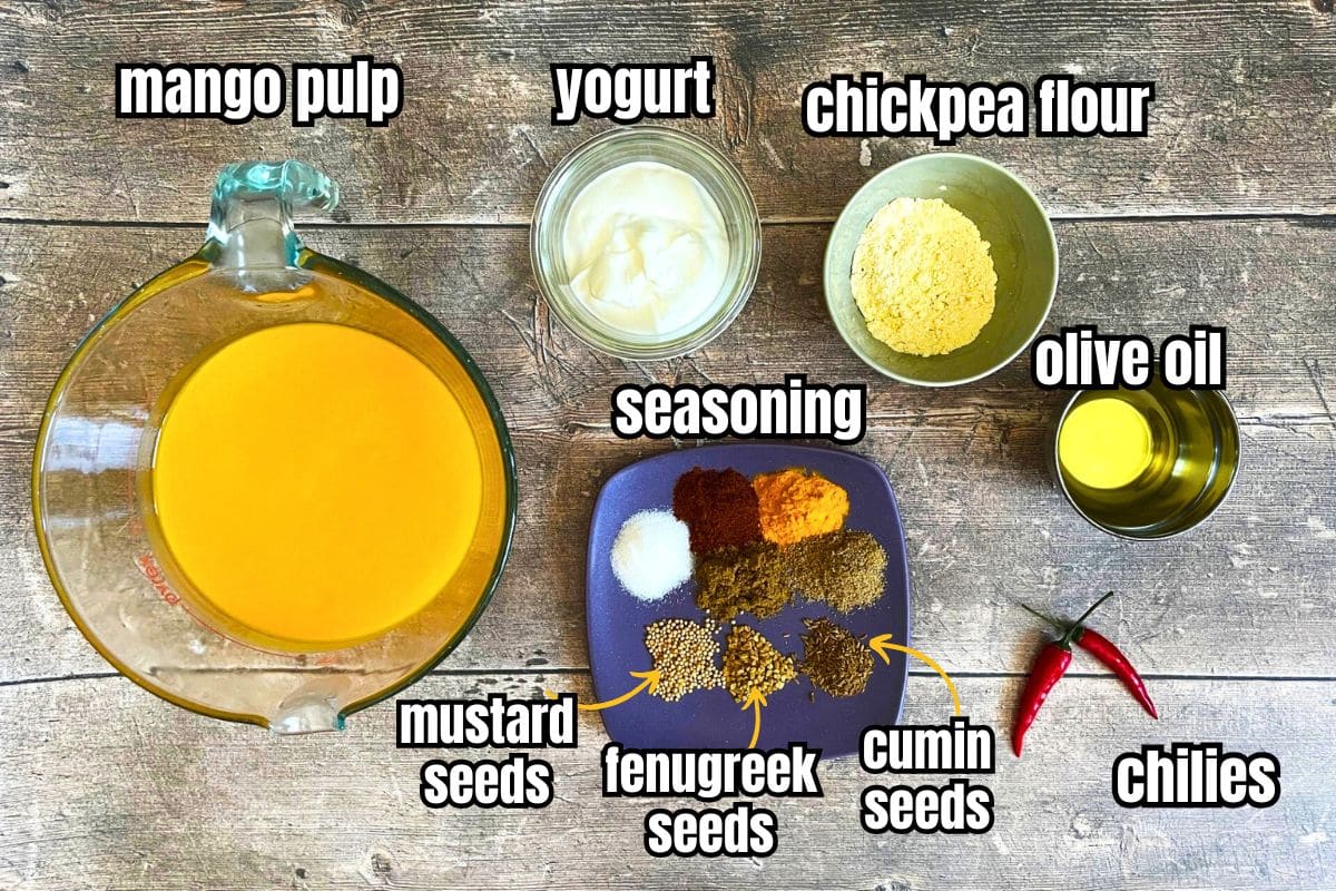 Mango soup ingredients prepped and labeled.