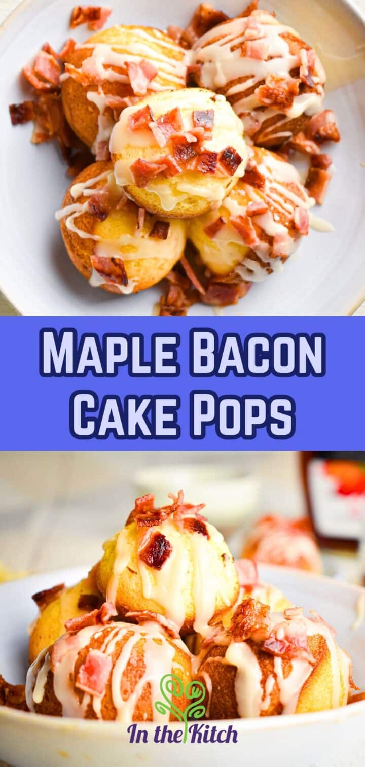 Maple bacon cake balls on plate with text overlay that says 'maple bacon cake pops'.