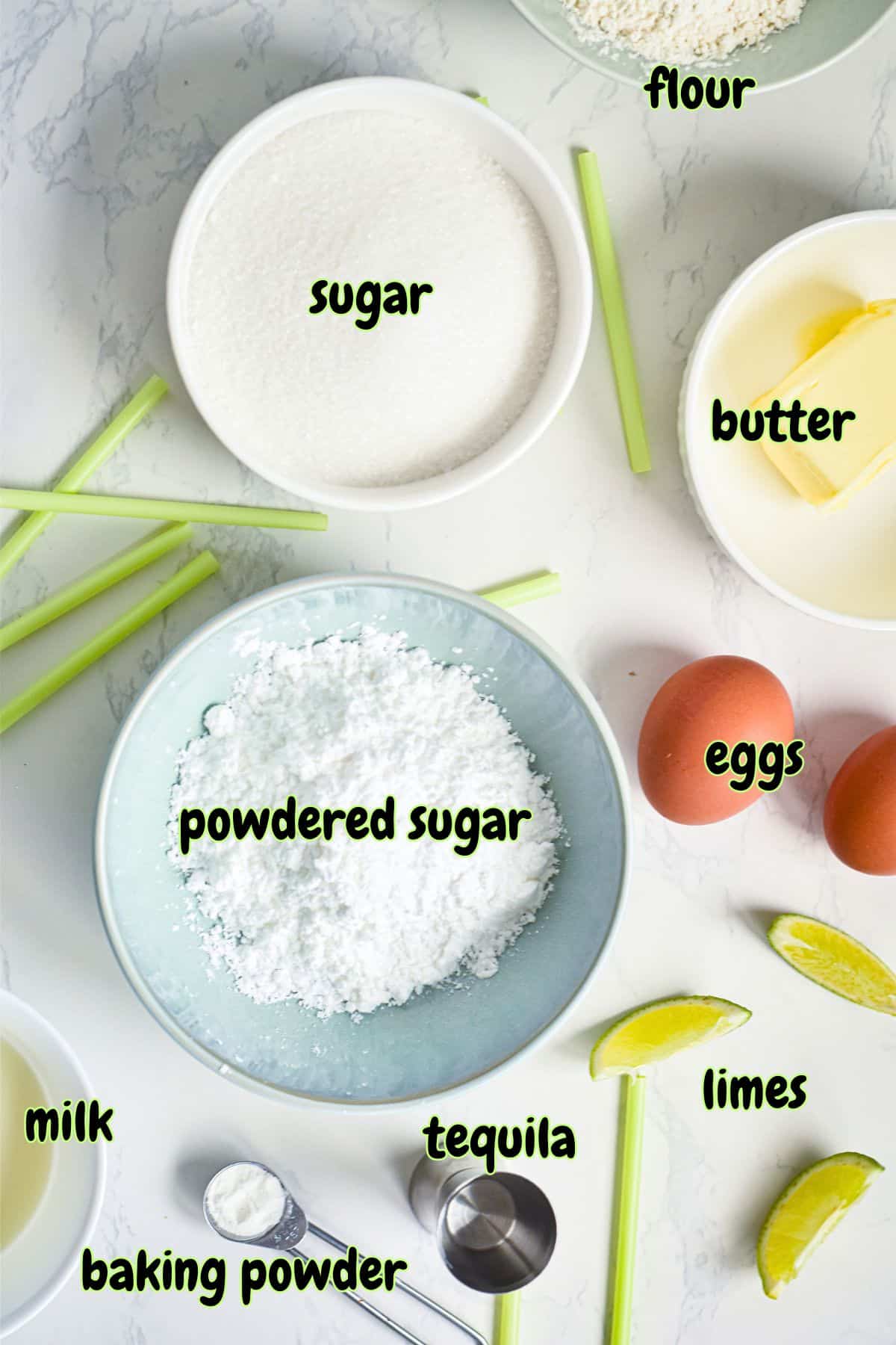 Margarita cake pop ingredients prepped and labeled.