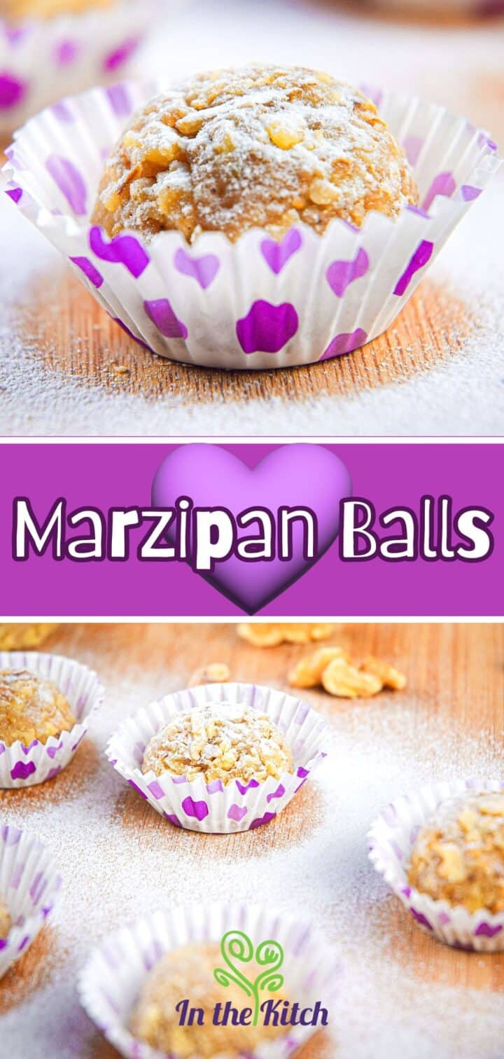 Images of marzipan balls in baking cups with text overlay that says 'Marzipan Balls'.