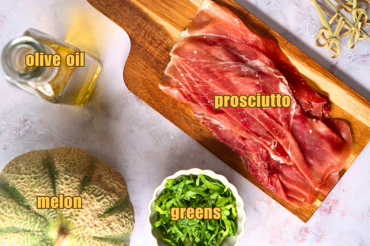 Melon prosciutto skewer ingredients prepped and labeled.