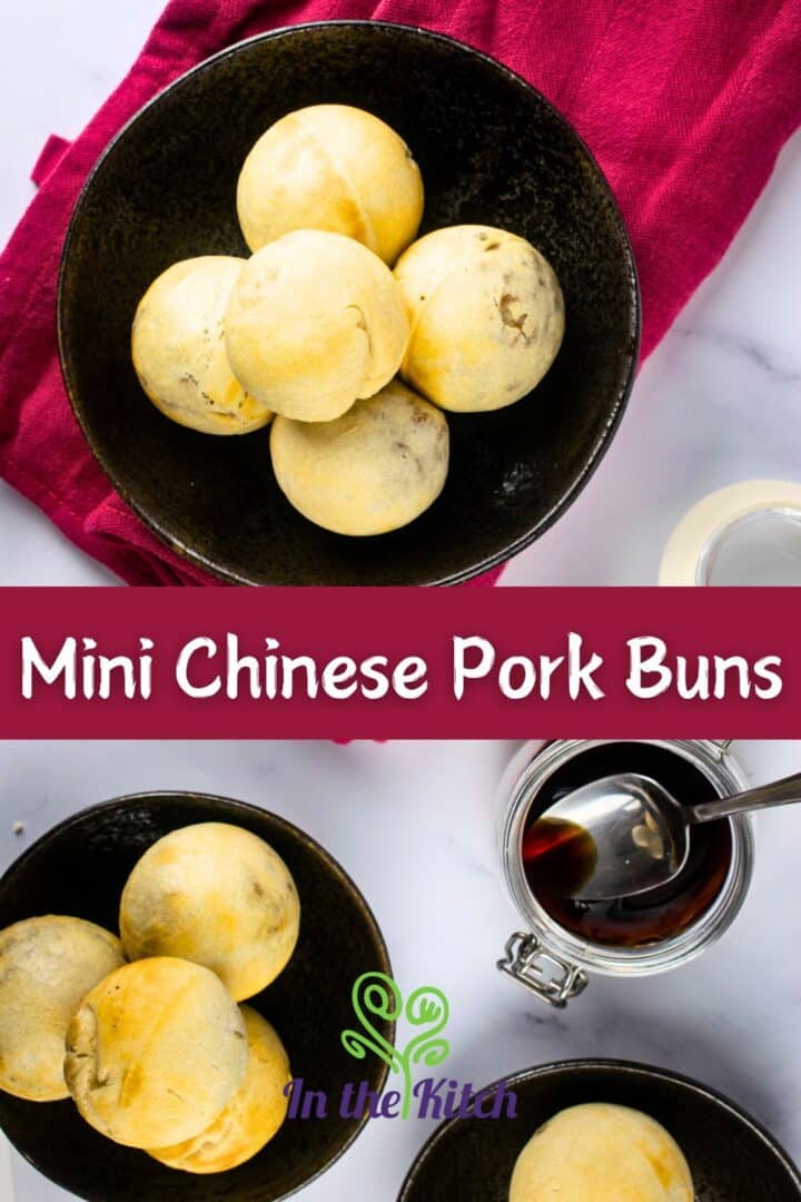 Mini Chinese pork buns with Asian sauce on the side and text overlay that says 'Mini Chinese Pork Buns'.
