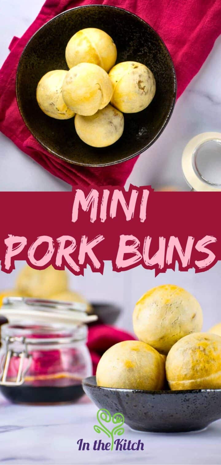 Mini pork buns with dipping sauce and text overlay that says 'Mini Pork Buns'.