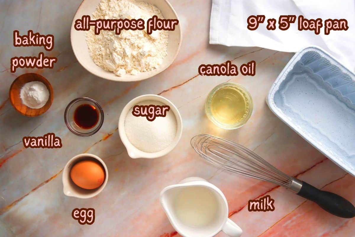 Pancake bread ingredients prepped on pink marble countertop.