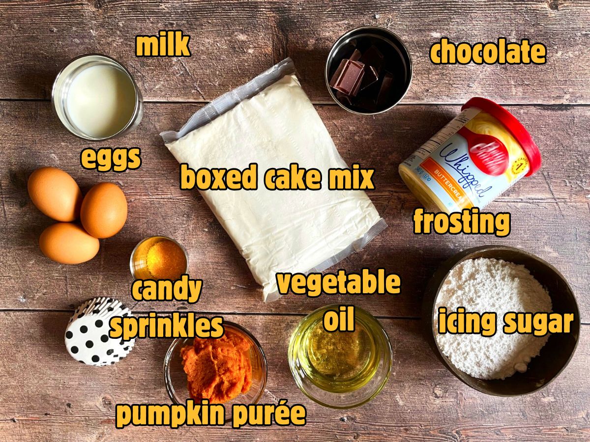 Moist pumpkin cupcake ingredients labeled.