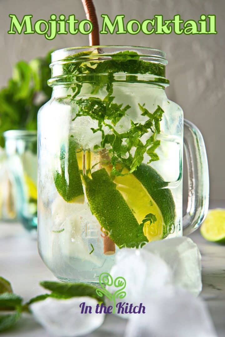 Virgin mojito mocktail in glass with straw and text overlay that says 'mojito mocktail'.