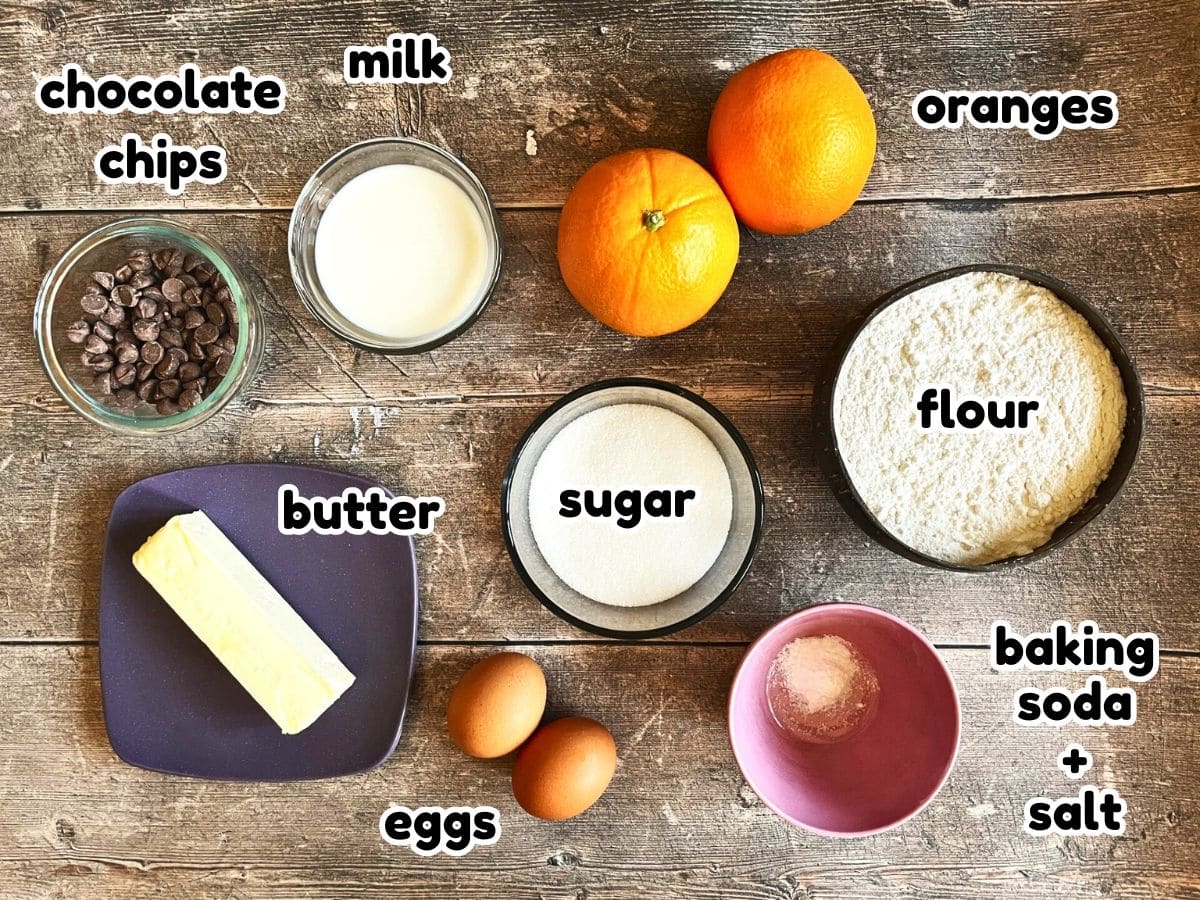 Orange chocolate chip muffin ingredients prepped and labeled.