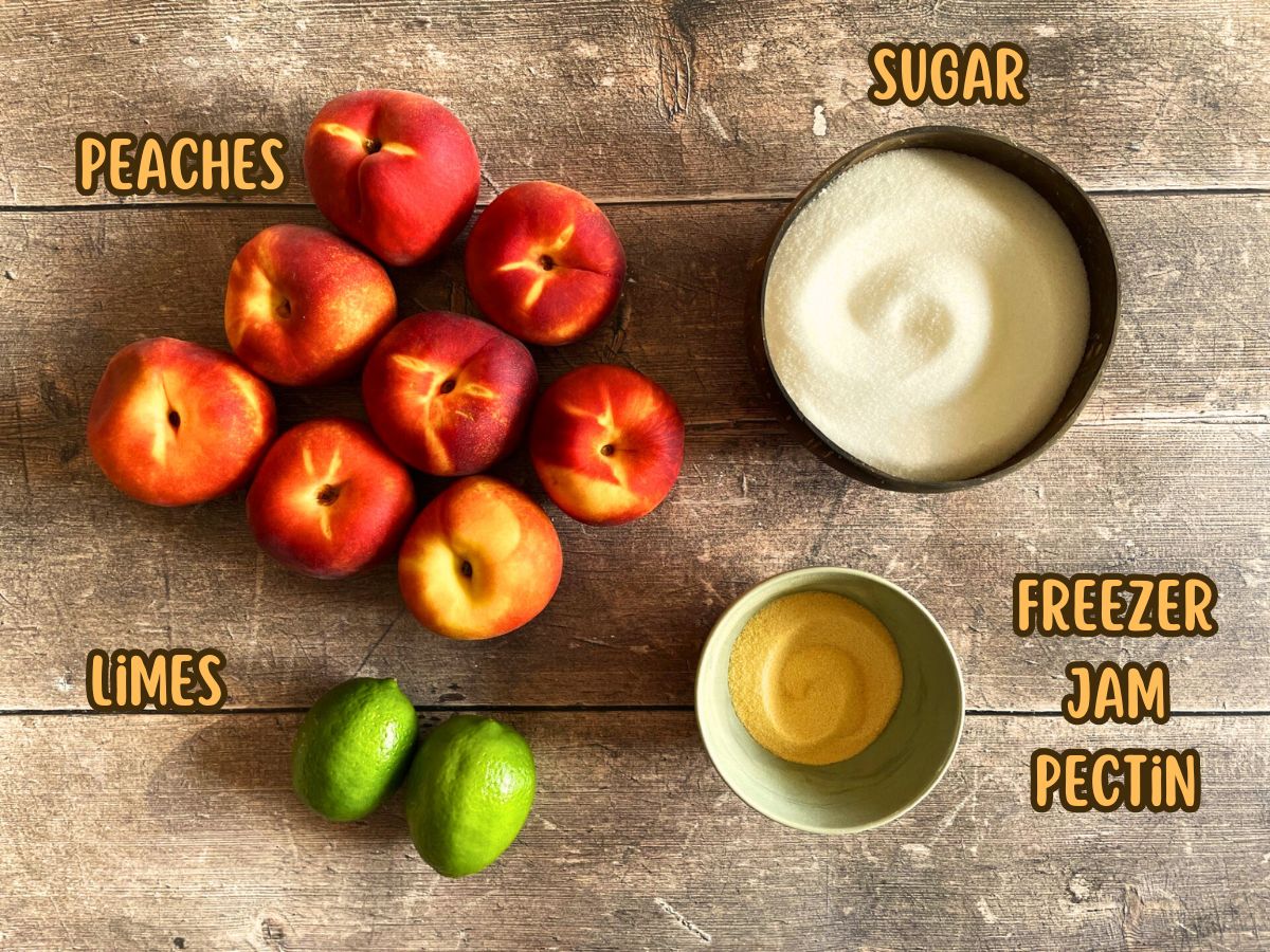 Peach freezer jam ingredients labeled.