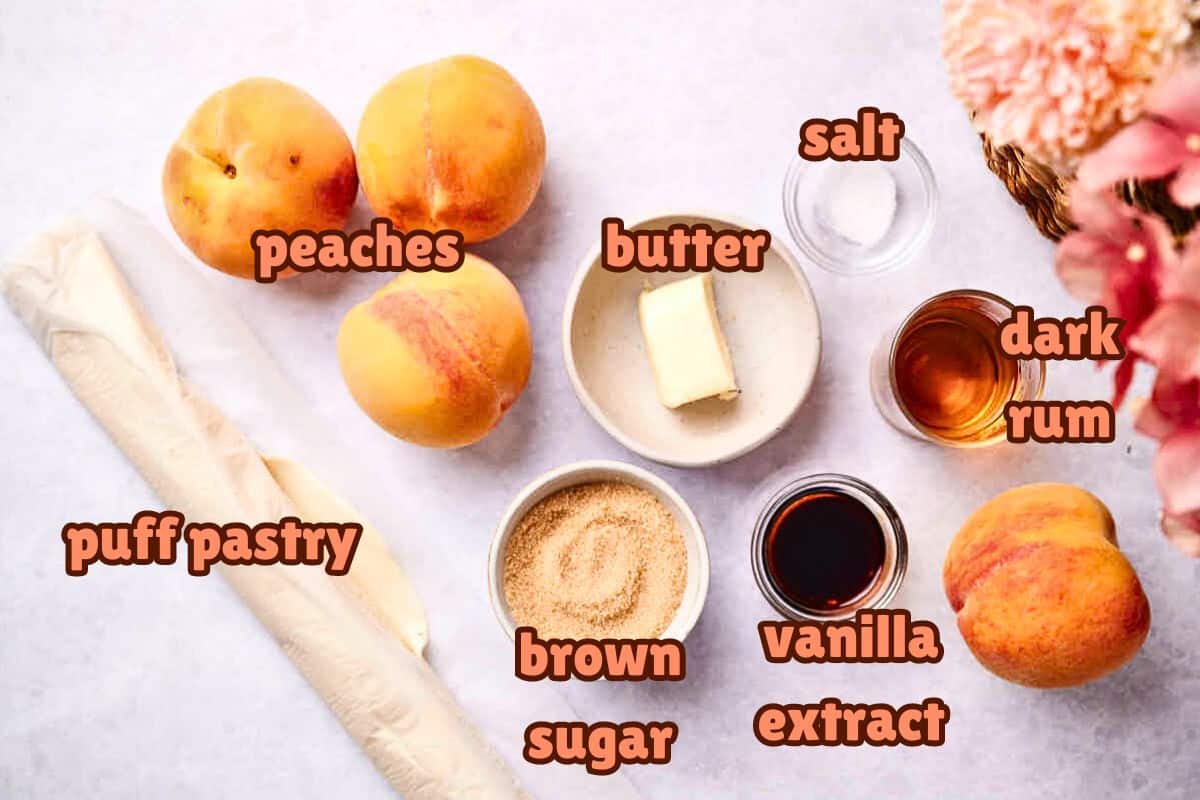 Peach tarte tatin ingredients labeled.