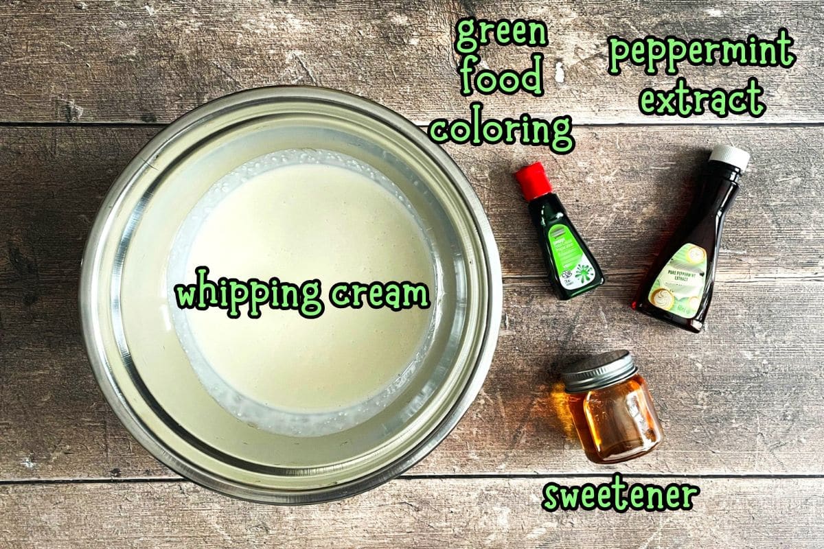 Peppermint whipped cream ingredients labeled.