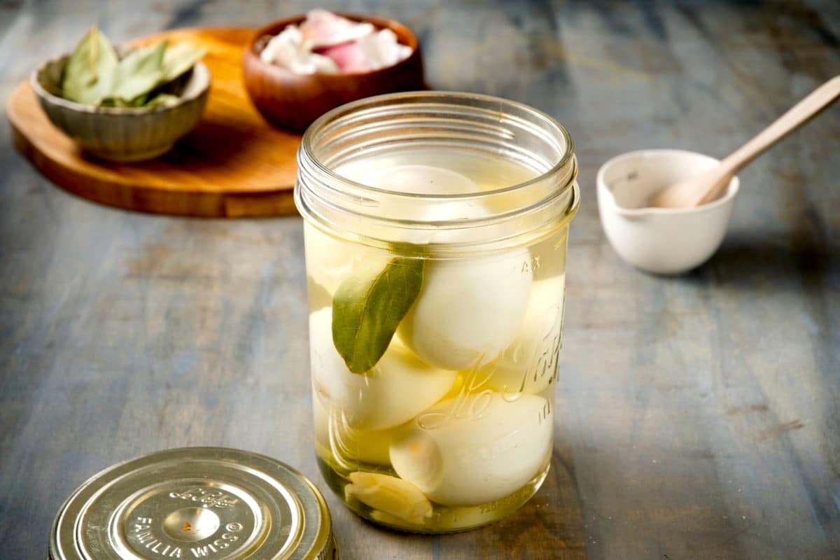 Pickled eggs in a jar.