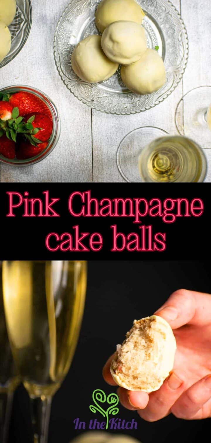 Chocolate covered champagne cake balls and champagne with text overlay that says 'pink champagne cake balls'.
