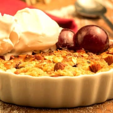 Plum crumble with vanilla ice cream.
