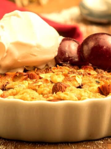 Plum crumble with vanilla ice cream.