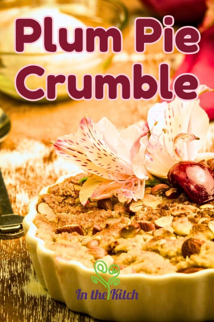 Plum crumble in tart dish with text overlay that says 'plum pie crumble'.