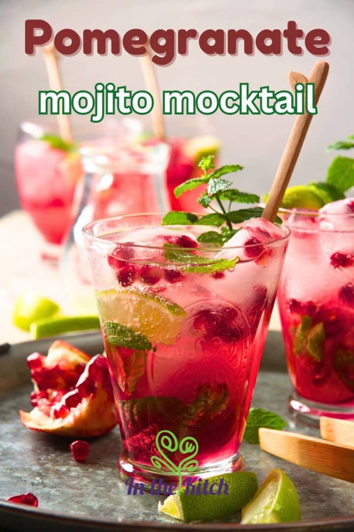 Pomegranate mojito mocktail in glasses with text overlay that says 'pomegranate mojito mocktail'.