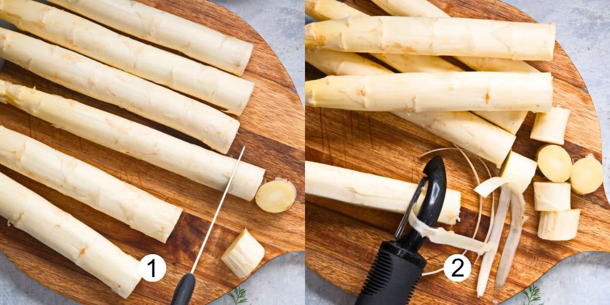 Collage of white asparagus getting peeled and ends chopped.
