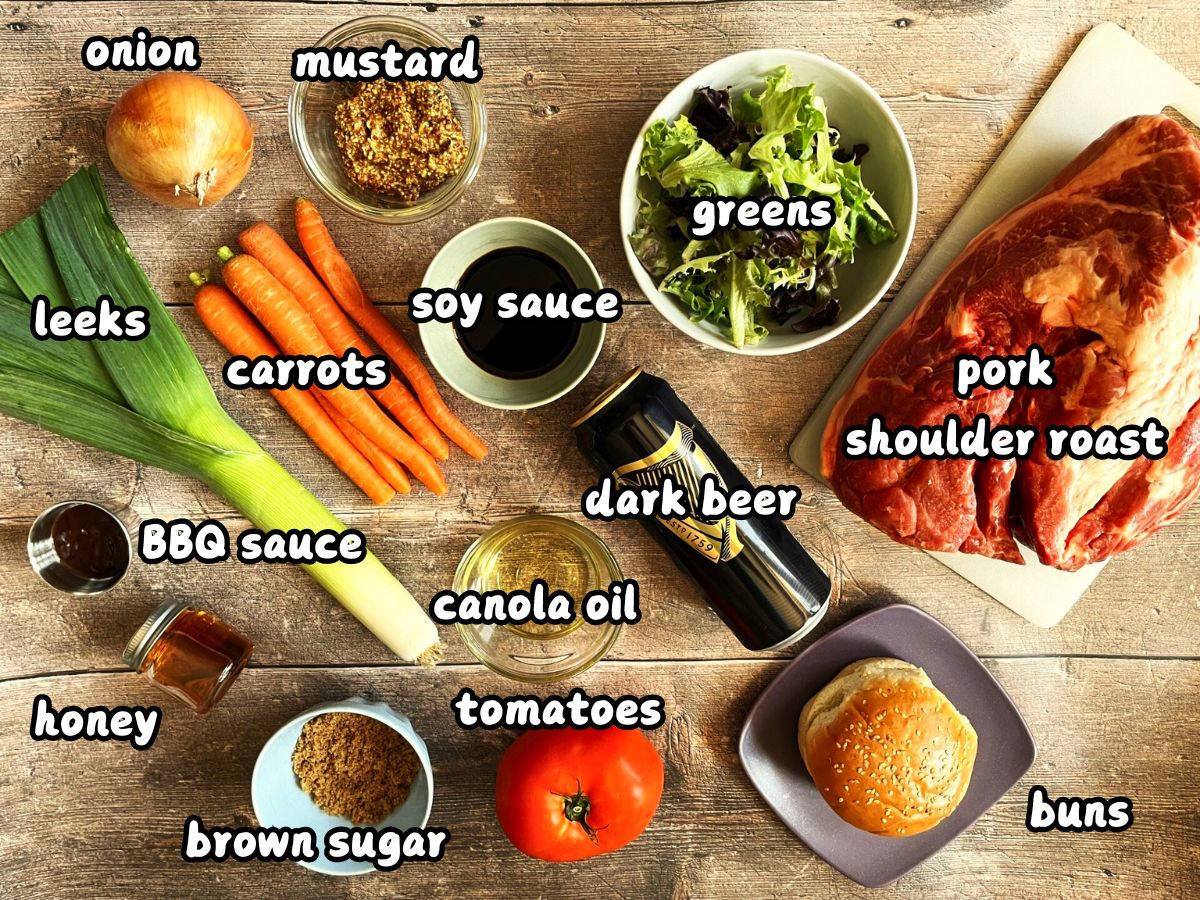 Pulled pork burger ingredients labeled.