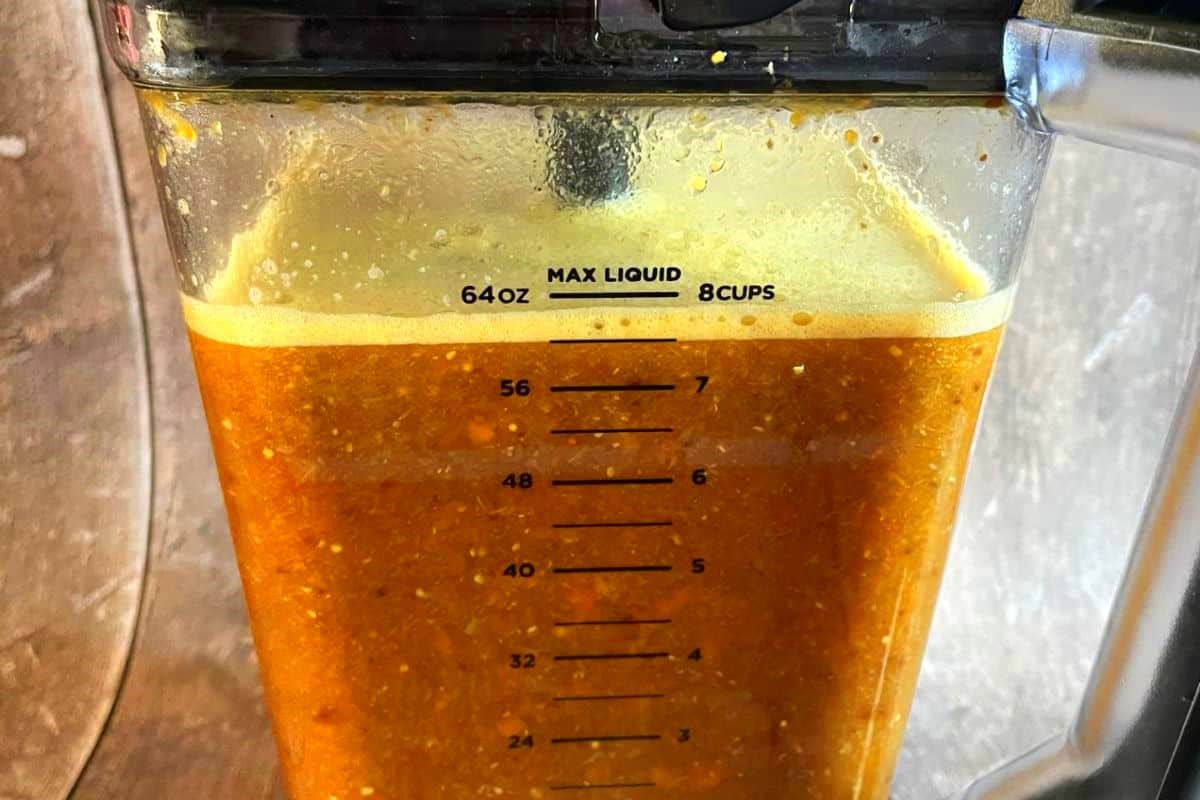Blended vegetable sauce in blender.