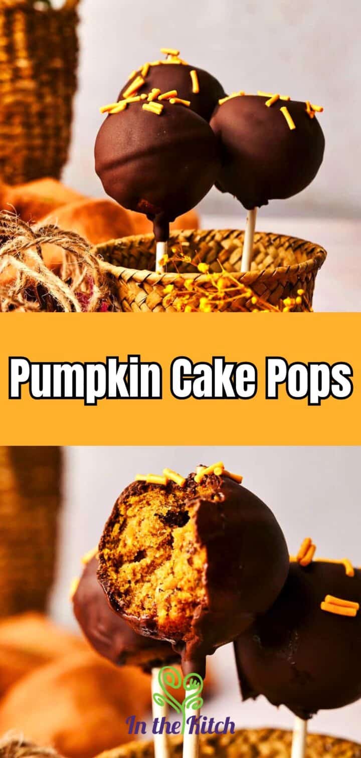 Pumpkin cake pop images with text overlay that says 'pumpkin cake pops'.