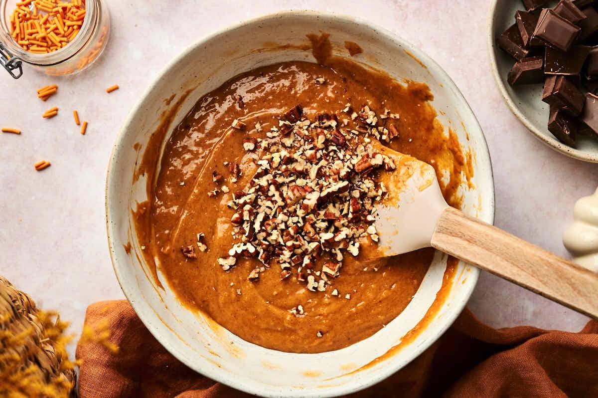 Pumpkin cake pop batter in bowl.