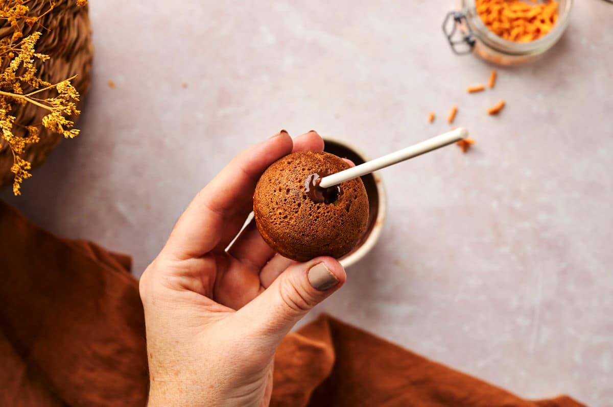 Pumpkin cake ball with treat stick and melted chocolate.