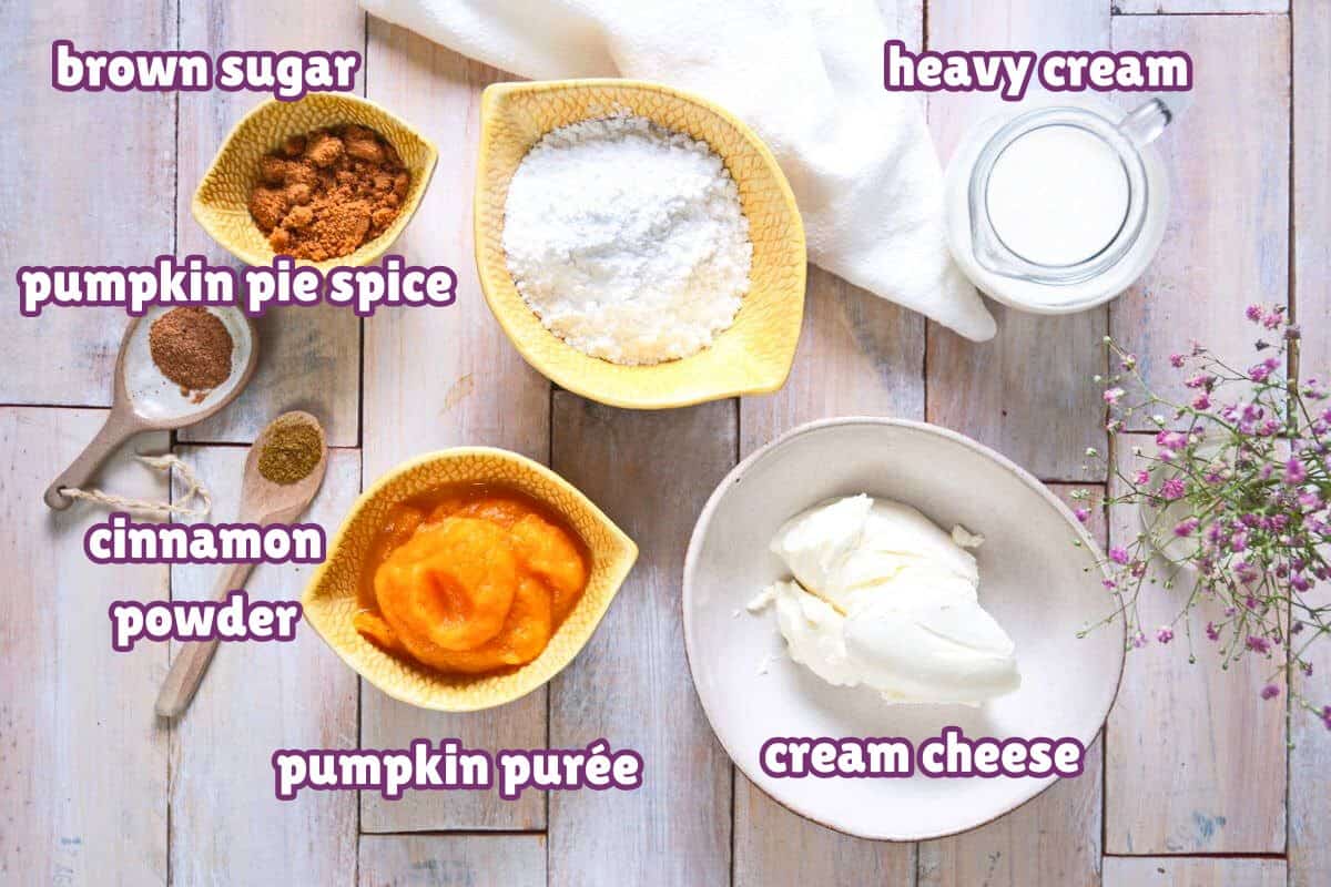 Pumpkin fluff dip ingredients labeled.