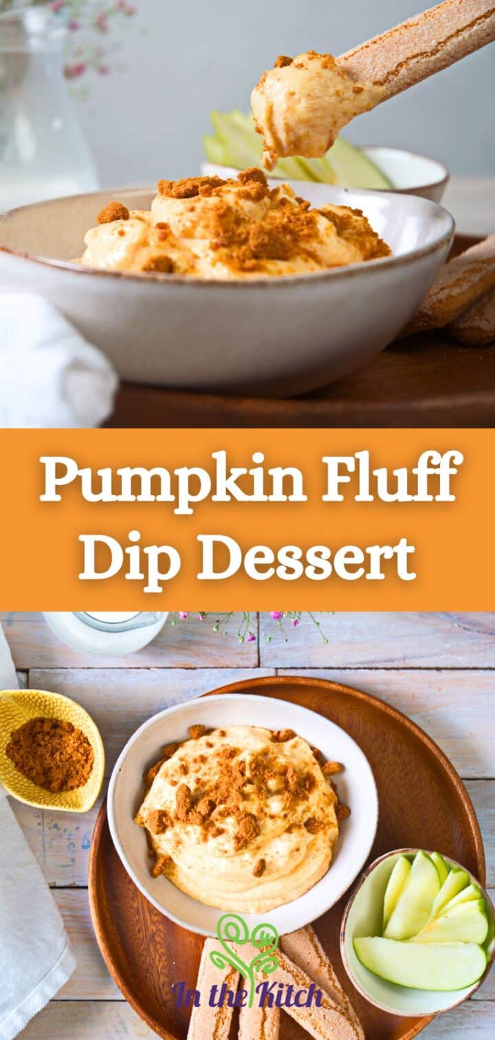 Pumpkin fluff dip in bowl with text overlay that says 'pumpkin fluff dip dessert'.