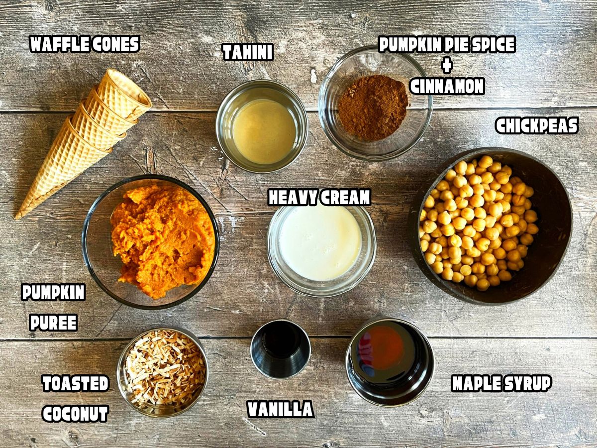 Pumpkin pie hummus ingredients labeled.