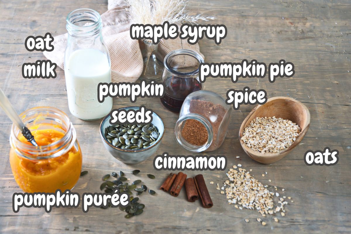 Pumpkin spice oatmeal ingredients labeled.