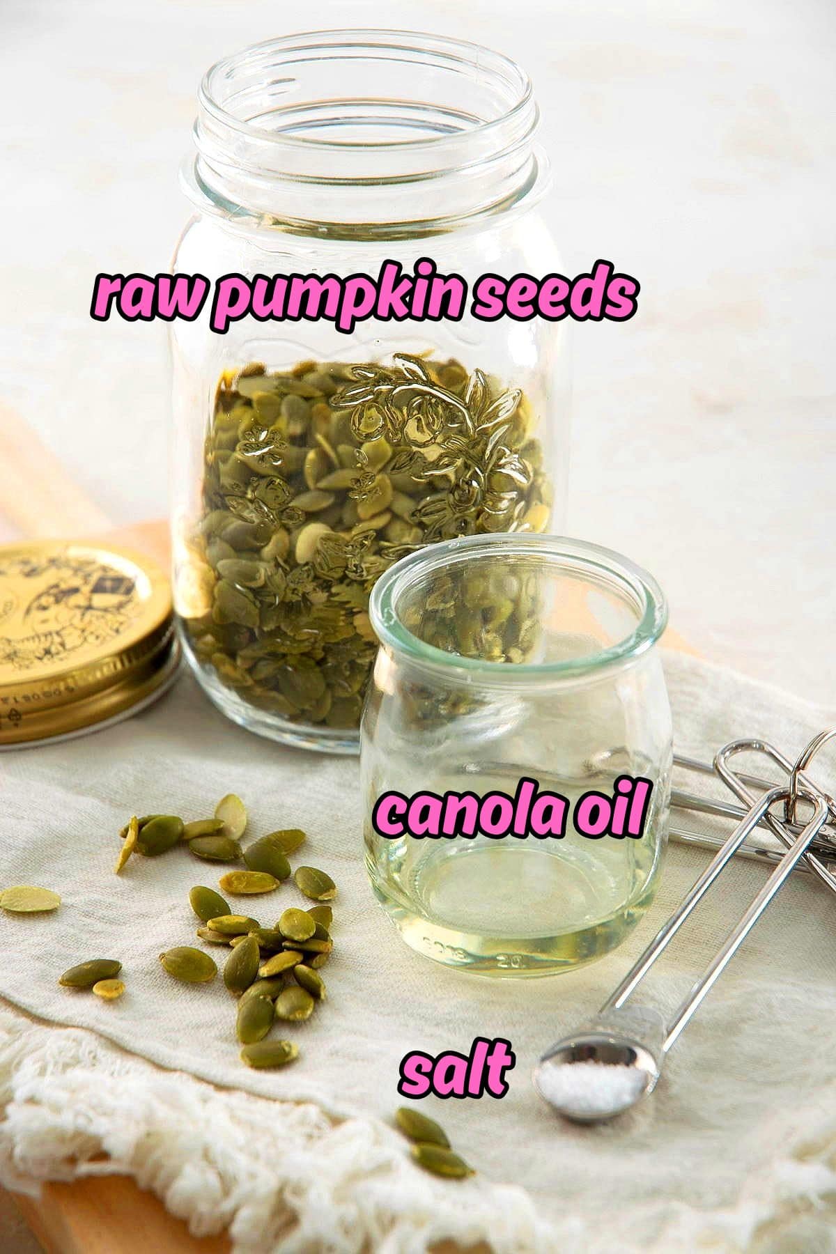 Pumpkin seed butter ingredients prepped and labeled.