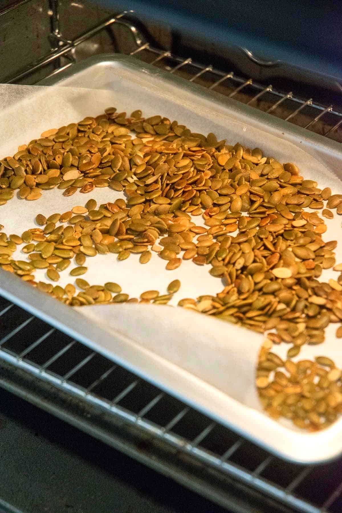 Shelled pumpkin seeds baking in oven on sheet pan.