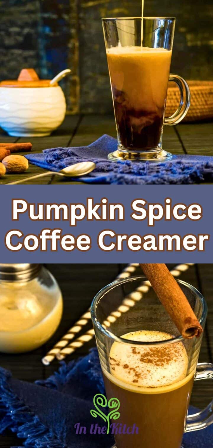 Images of pumpkin spice creamer in coffee with text overlay.