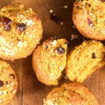 Pumpkin muffins with cranberries and oats.