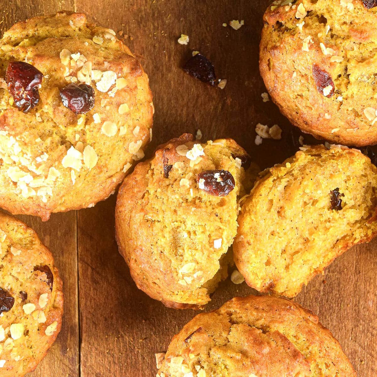 Pumpkin muffins with cranberries and oats.