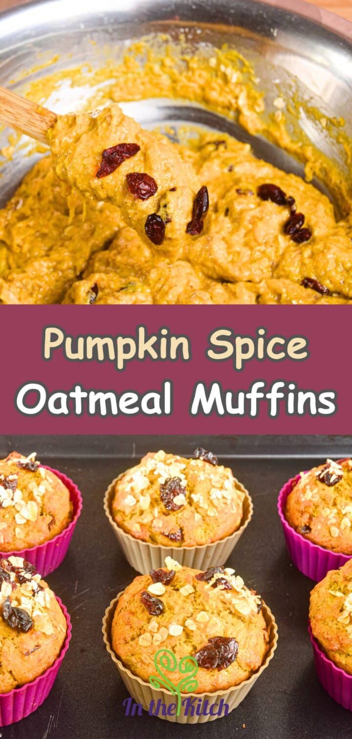 Pumpkin spice muffin batter and baked muffins with text overlay.